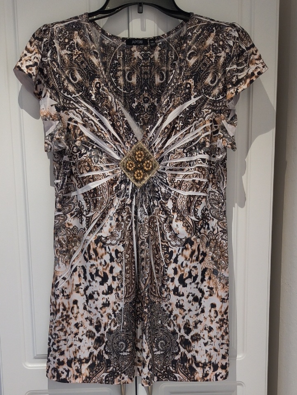 Apt. 9 Brown, Black & White Paisley Abatract Print Cap Sleeve Tunic Top